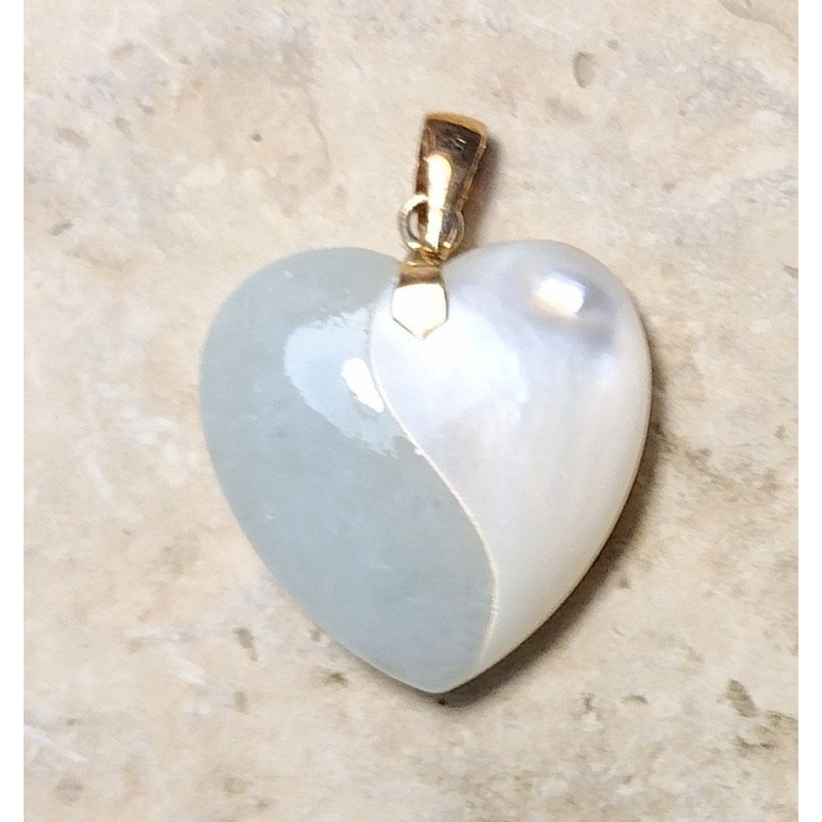 14k Solid Gold Pendant Green Jadeite & Mother Of Pearl Carved Heart Yin Yang